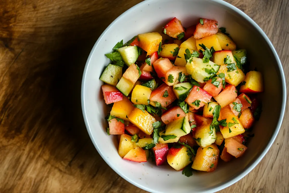 Fruit cocktail salad in a bowl, ready to serve.