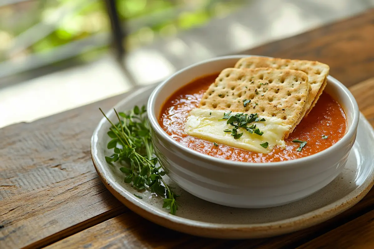 Delicious grilled cheese and tomato soup meal.